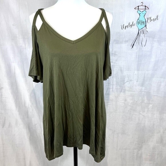 Olive green cutout off shoulder short sleeve top size large - Picture 2 of 6